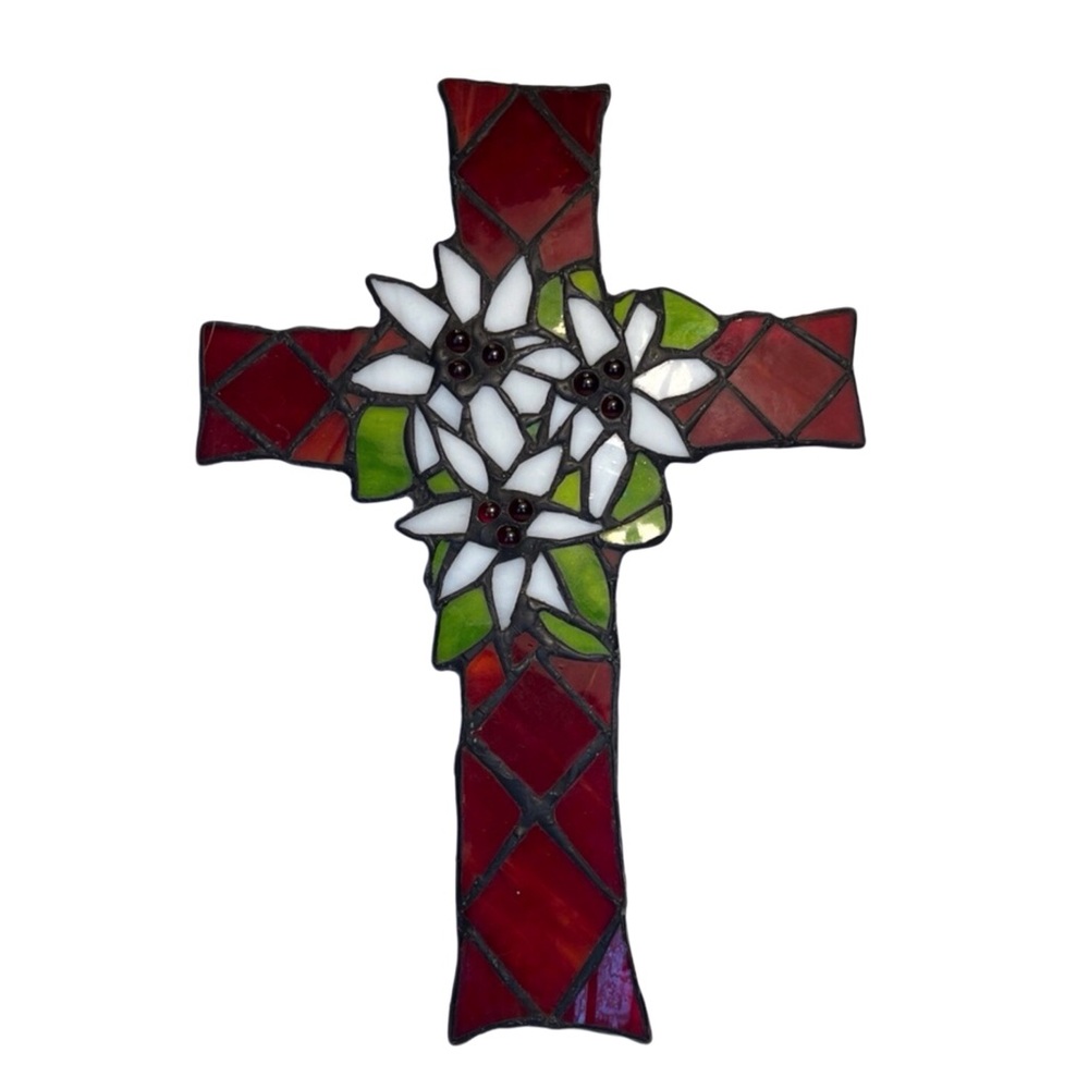 Stained Glass Suncatcher Cross. Red with White Lilies. Pre owned